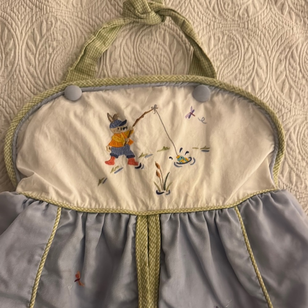 Blue and Green Embroidered Fabric Bag with Braided Handle